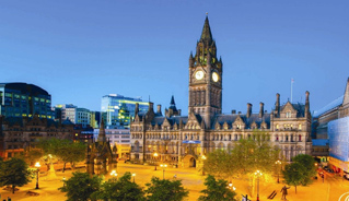 A view of Manchester city centre at night