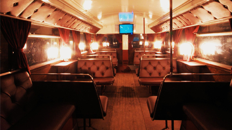 The interior of the ghost bus in the Ghost Bus tour in Edinburgh