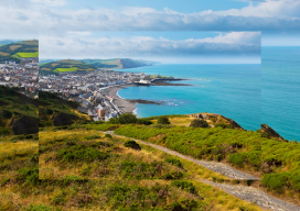 Aerial view from Constitution Hill over Aberystwyth, the sea and Welsh Coast.