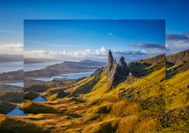 View Over Old Man Of Storr, Isle Of Skye, Scotland. During a beautiful sunrise and dramatic sky with a local shower here and there. The Old Man of Storr looms over Portree, Isle of Skye and is situated 7 miles north of the town. It is dominated by the 50 metre high petrified lava pinnacle of the Old Man of Storr, with a brutal tumble of cliff behind, and the panorama spreads across loch, sea and islands to the high mountains of the mainland beyond.