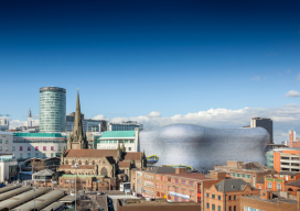 View of the Birmingham skyline including the church of St Martin, the Bullring shopping centre and the outdoor market.