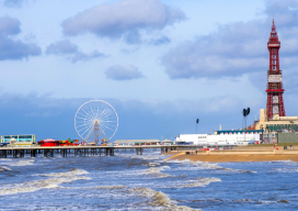 Blackpool tower and Central pier view from the beach